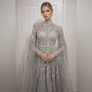 Azzure Couture Silver Embellished  Gown- Size 8-Beaded Tulle Evening Dress